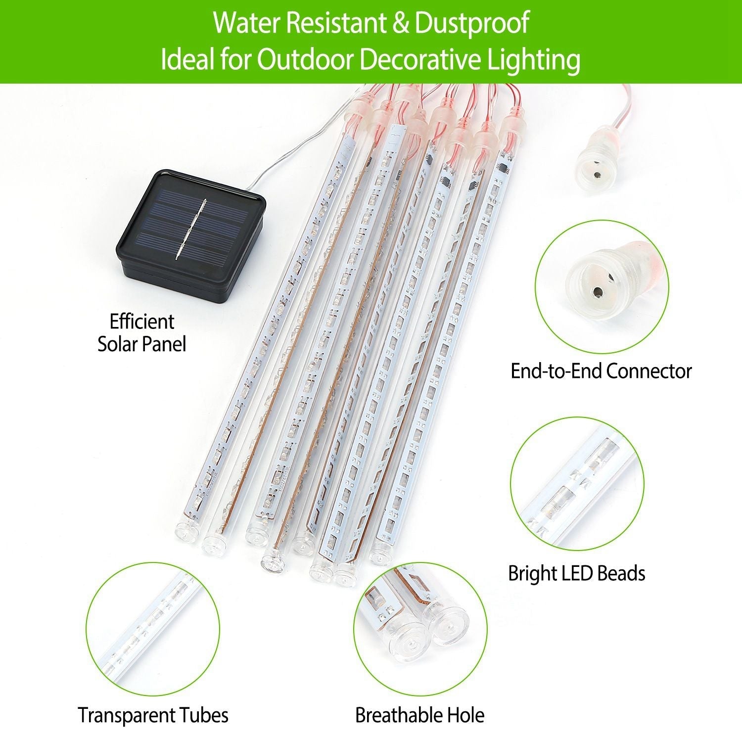 8 Pcs Solar Powered Meteor Shower String Lights 9.84FT Falling Raindrop Tube